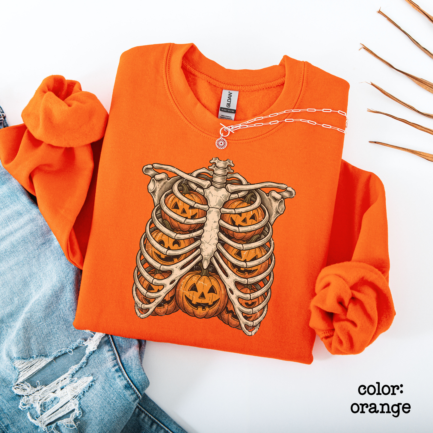 Retro Skeleton Ribcage Pumpkin Halloween Sweatshirt Oversized Fall Pullover