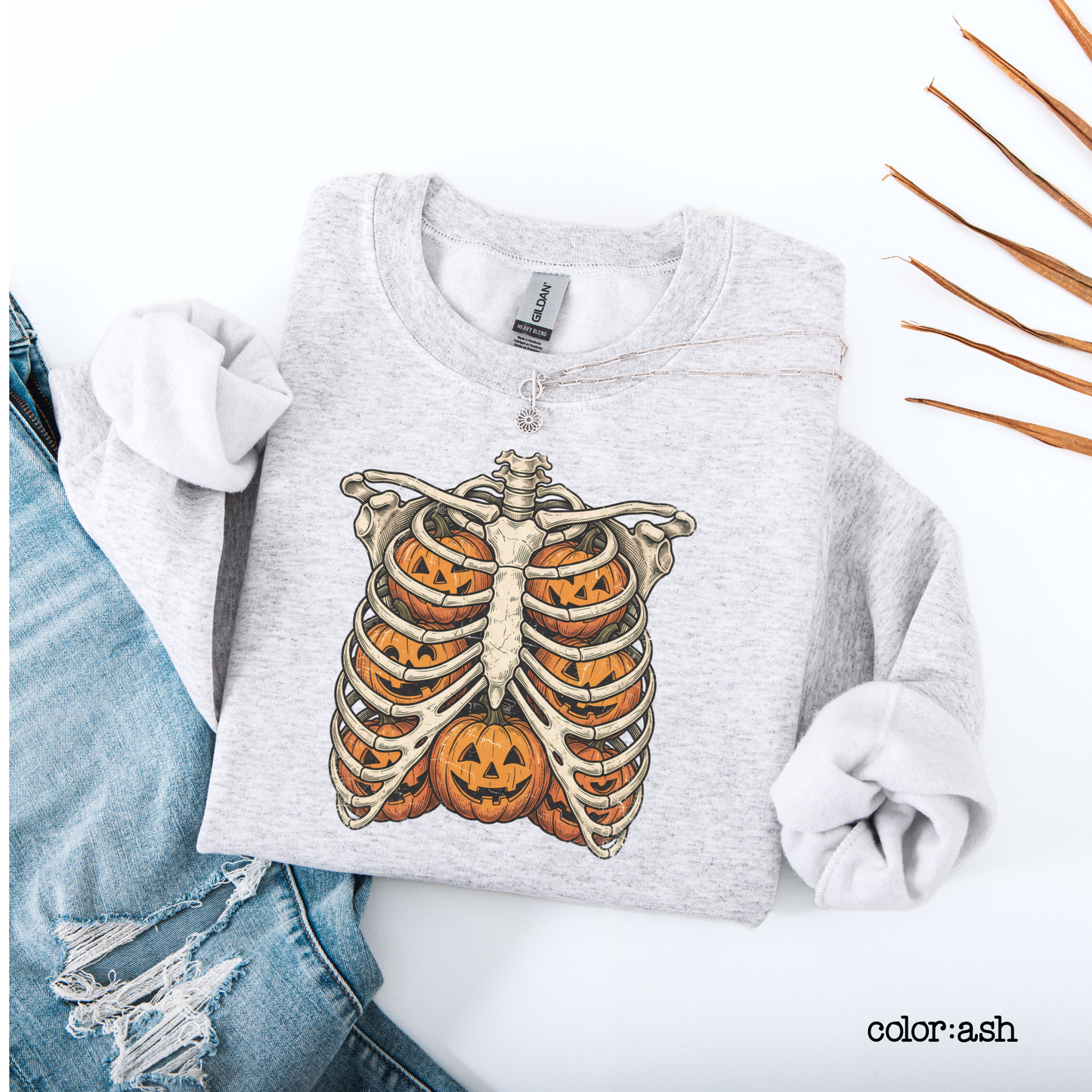 Retro Skeleton Ribcage Pumpkin Halloween Sweatshirt Oversized Fall Pullover