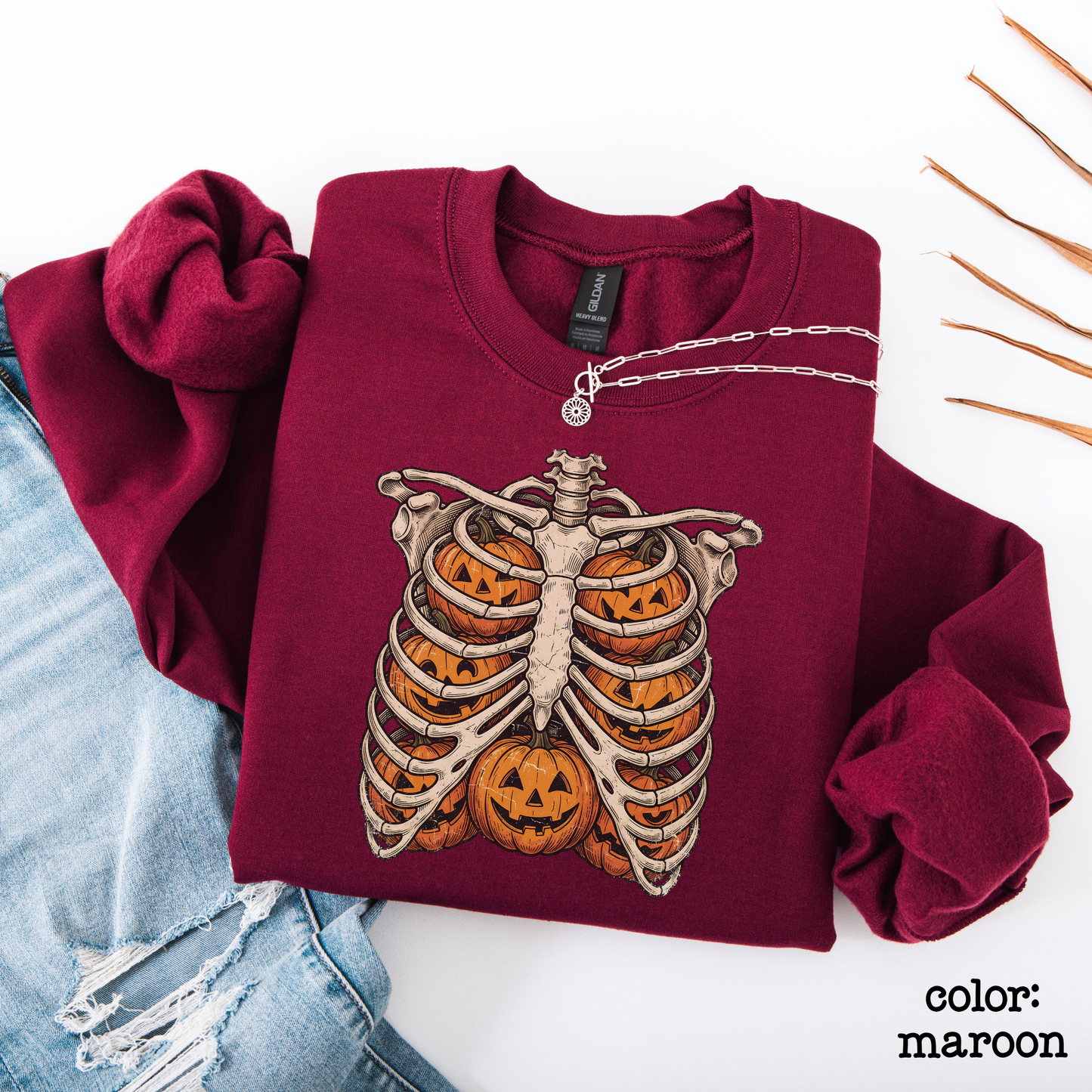 Retro Skeleton Ribcage Pumpkin Halloween Sweatshirt Oversized Fall Pullover