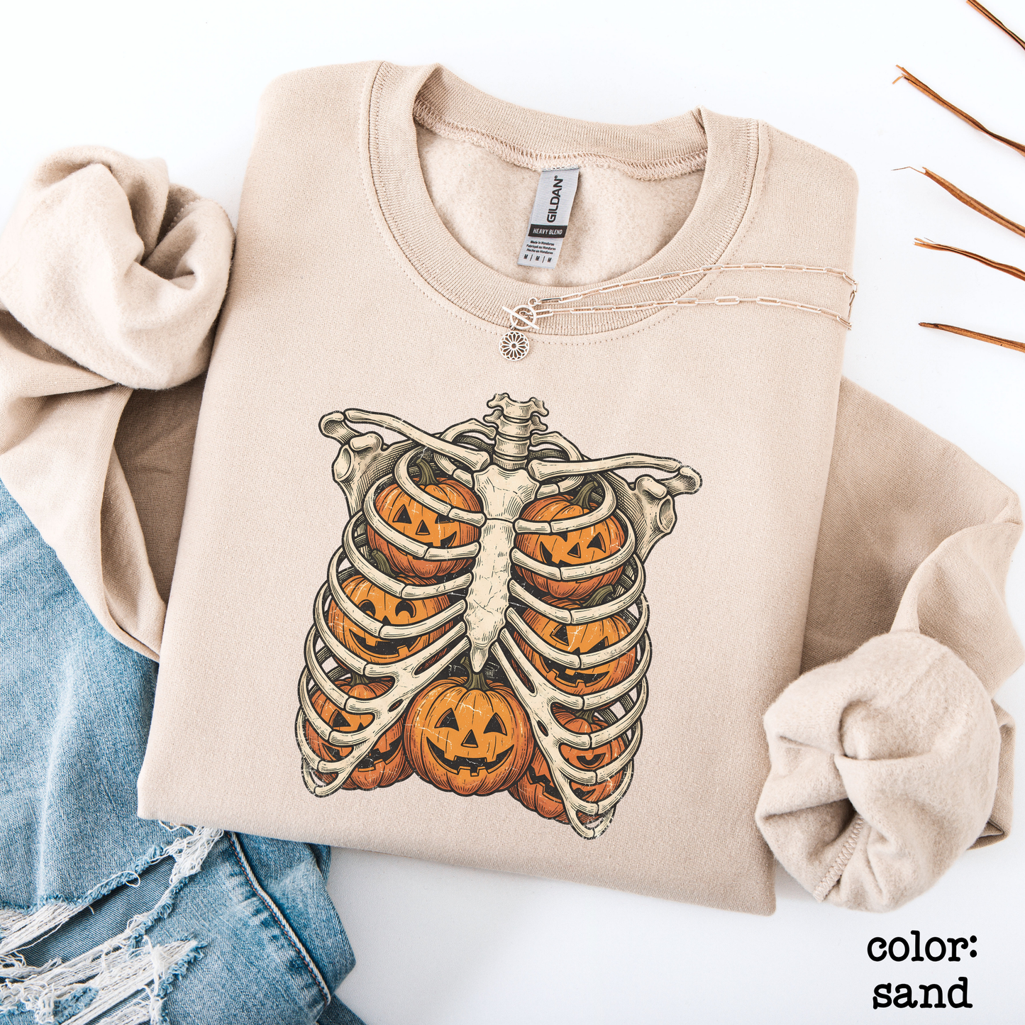 Retro Skeleton Ribcage Pumpkin Halloween Sweatshirt Oversized Fall Pullover