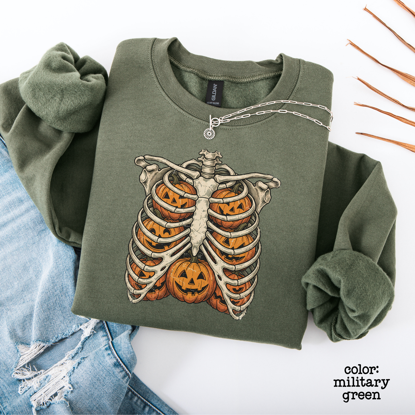 Retro Skeleton Ribcage Pumpkin Halloween Sweatshirt Oversized Fall Pullover