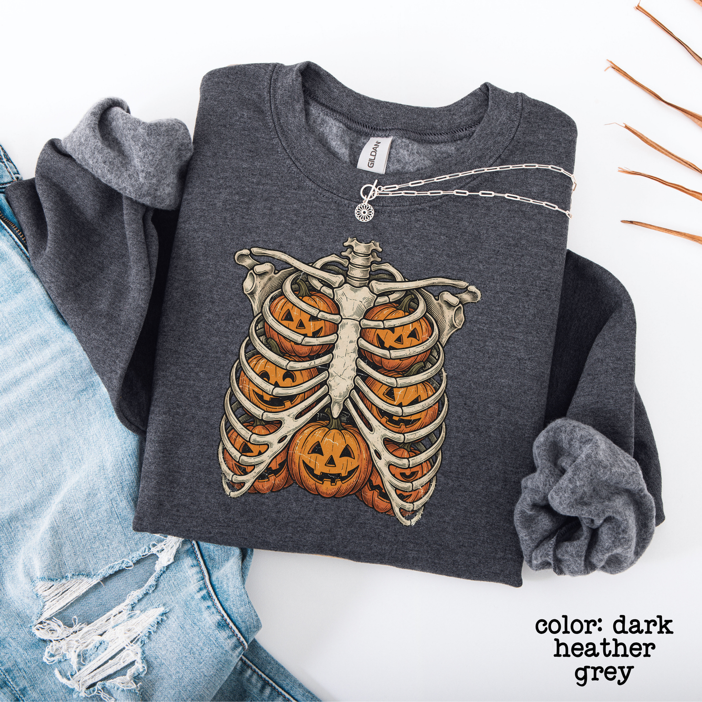 Retro Skeleton Ribcage Pumpkin Halloween Sweatshirt Oversized Fall Pullover