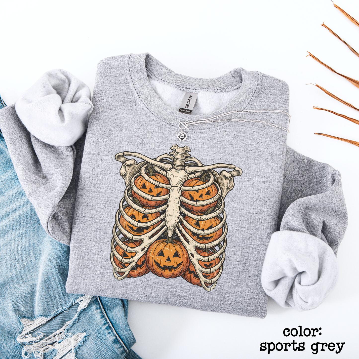 Retro Skeleton Ribcage Pumpkin Halloween Sweatshirt Oversized Fall Pullover