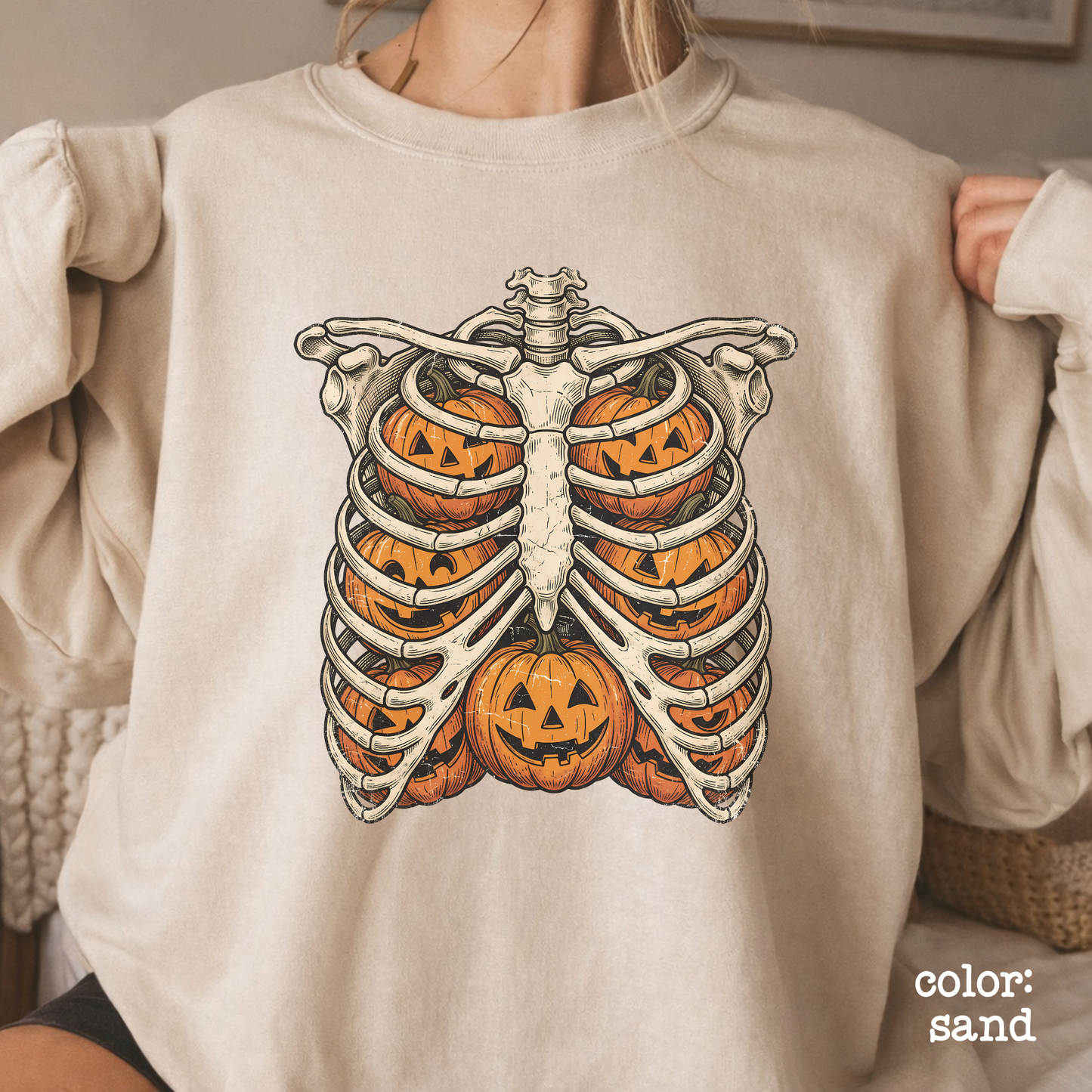 Retro Skeleton Ribcage Pumpkin Halloween Sweatshirt Oversized Fall Pullover