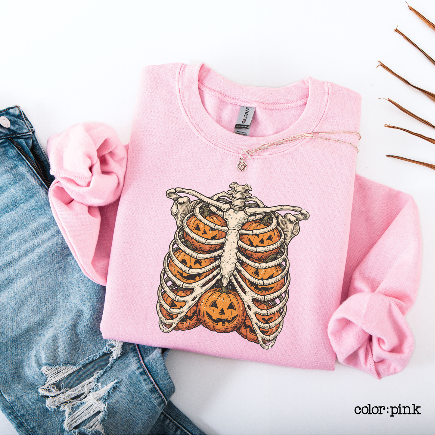 Retro Skeleton Ribcage Pumpkin Halloween Sweatshirt Oversized Fall Pullover