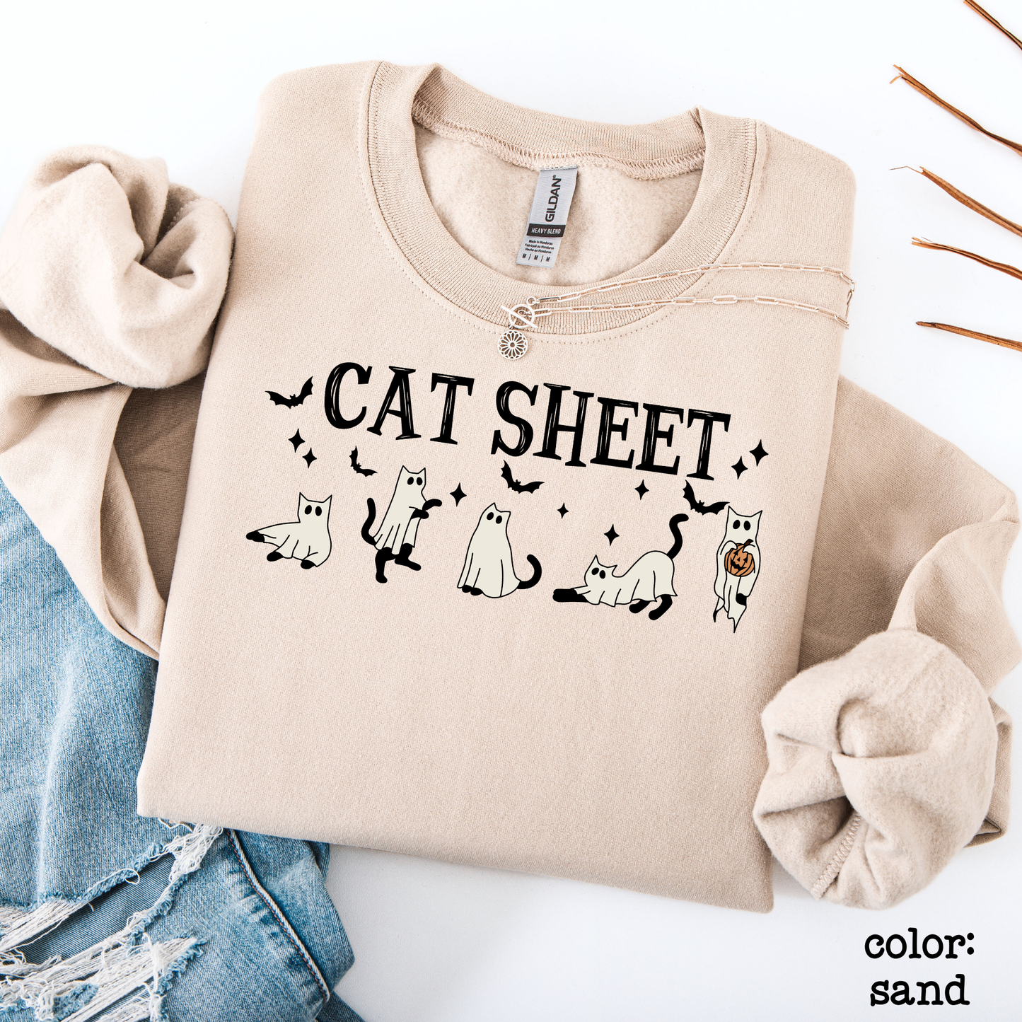 Cat Sheet Halloween Sweatshirt Funny Ghost Cat Crewneck Graphic Fall Sweater