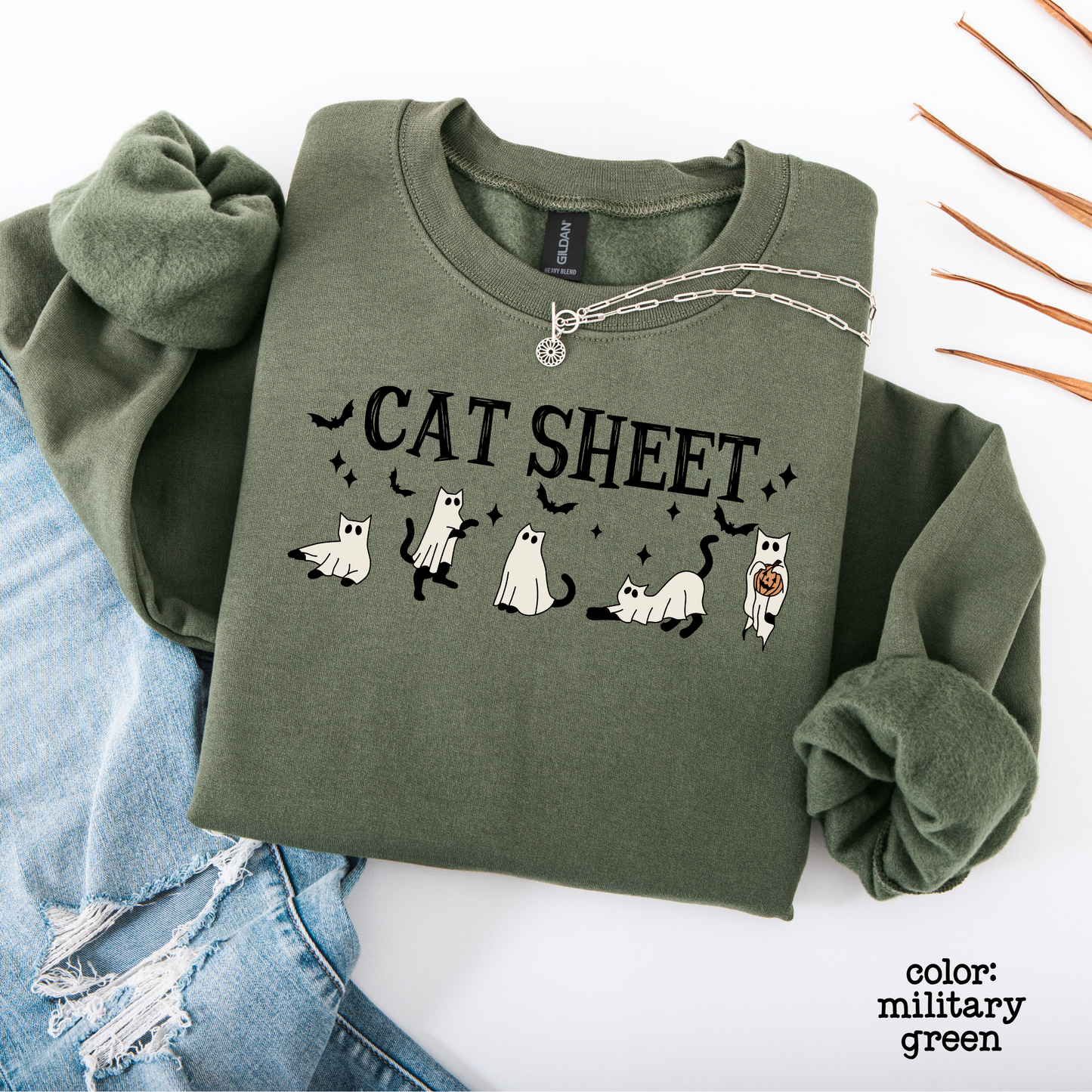 Cat Sheet Halloween Sweatshirt Funny Ghost Cat Crewneck Graphic Fall Sweater