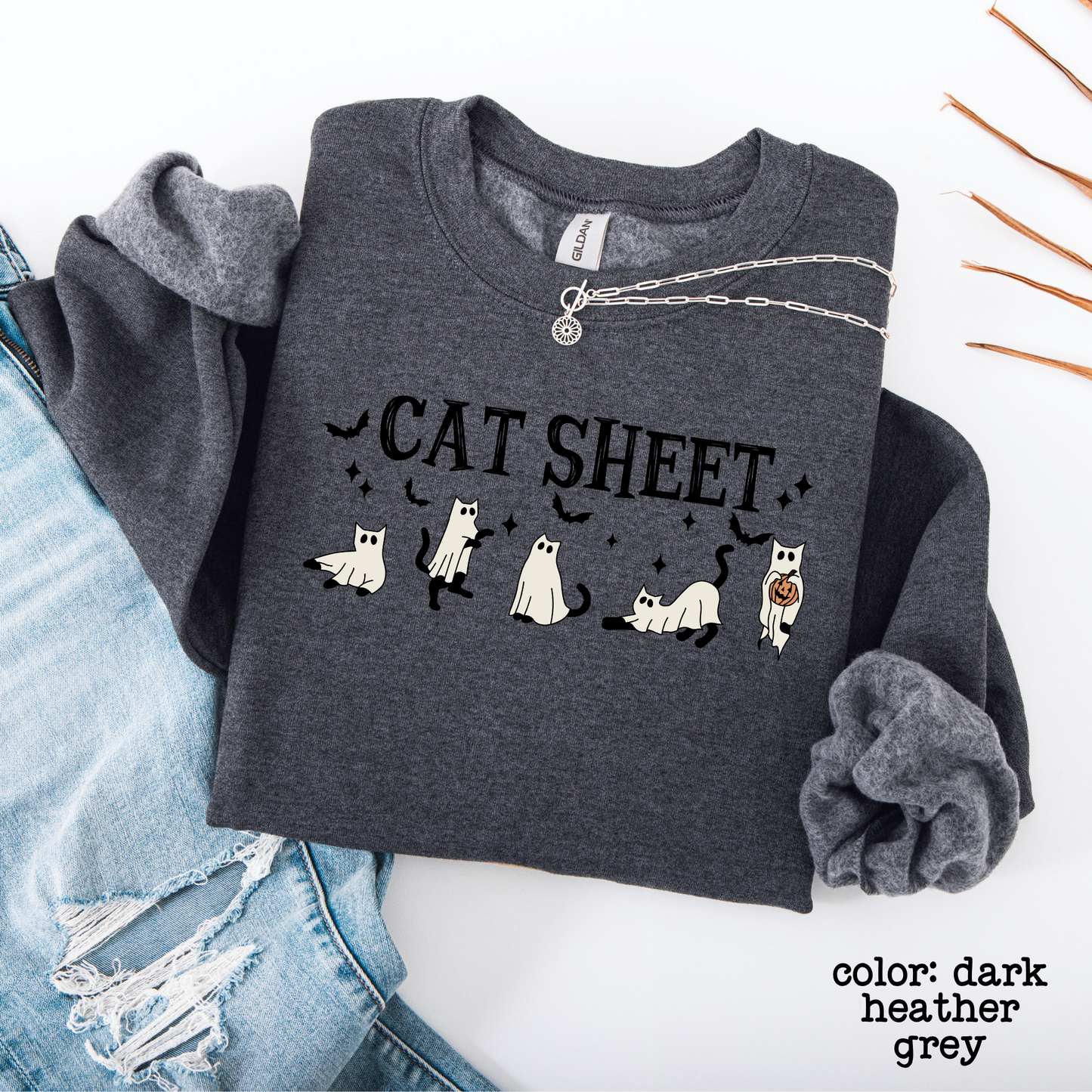 Cat Sheet Halloween Sweatshirt Funny Ghost Cat Crewneck Graphic Fall Sweater