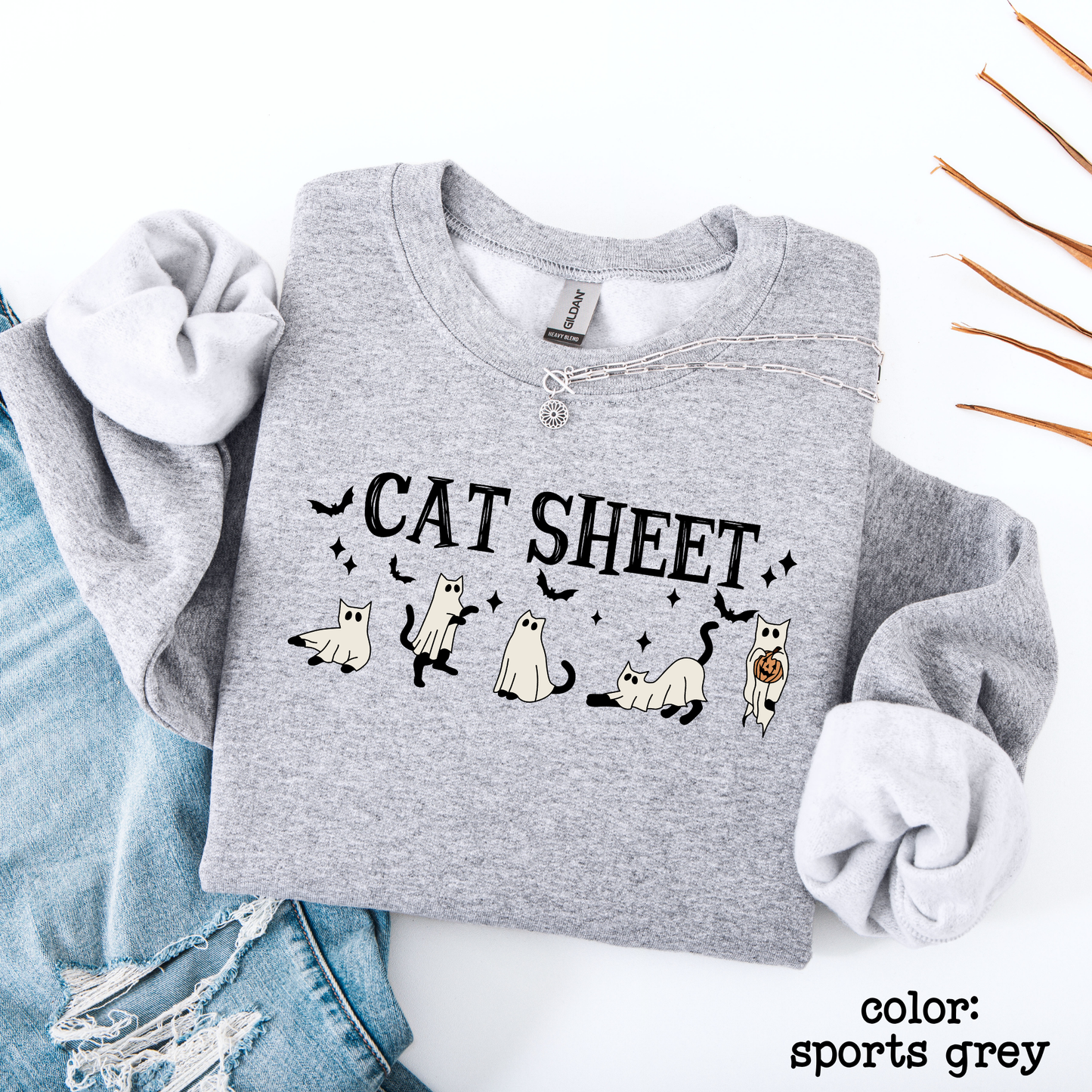 Cat Sheet Halloween Sweatshirt Funny Ghost Cat Crewneck Graphic Fall Sweater
