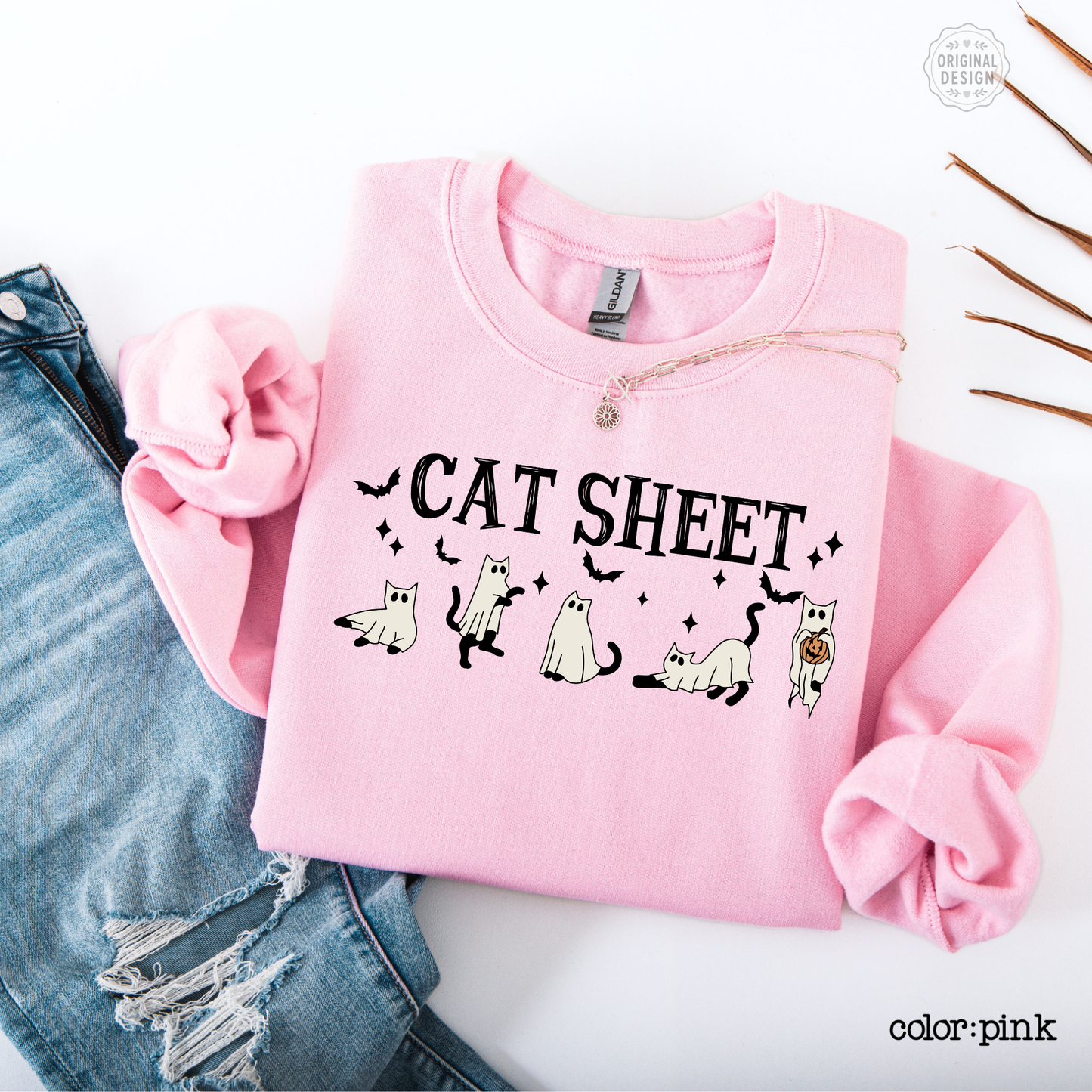 Cat Sheet Halloween Sweatshirt Funny Ghost Cat Crewneck Graphic Fall Sweater