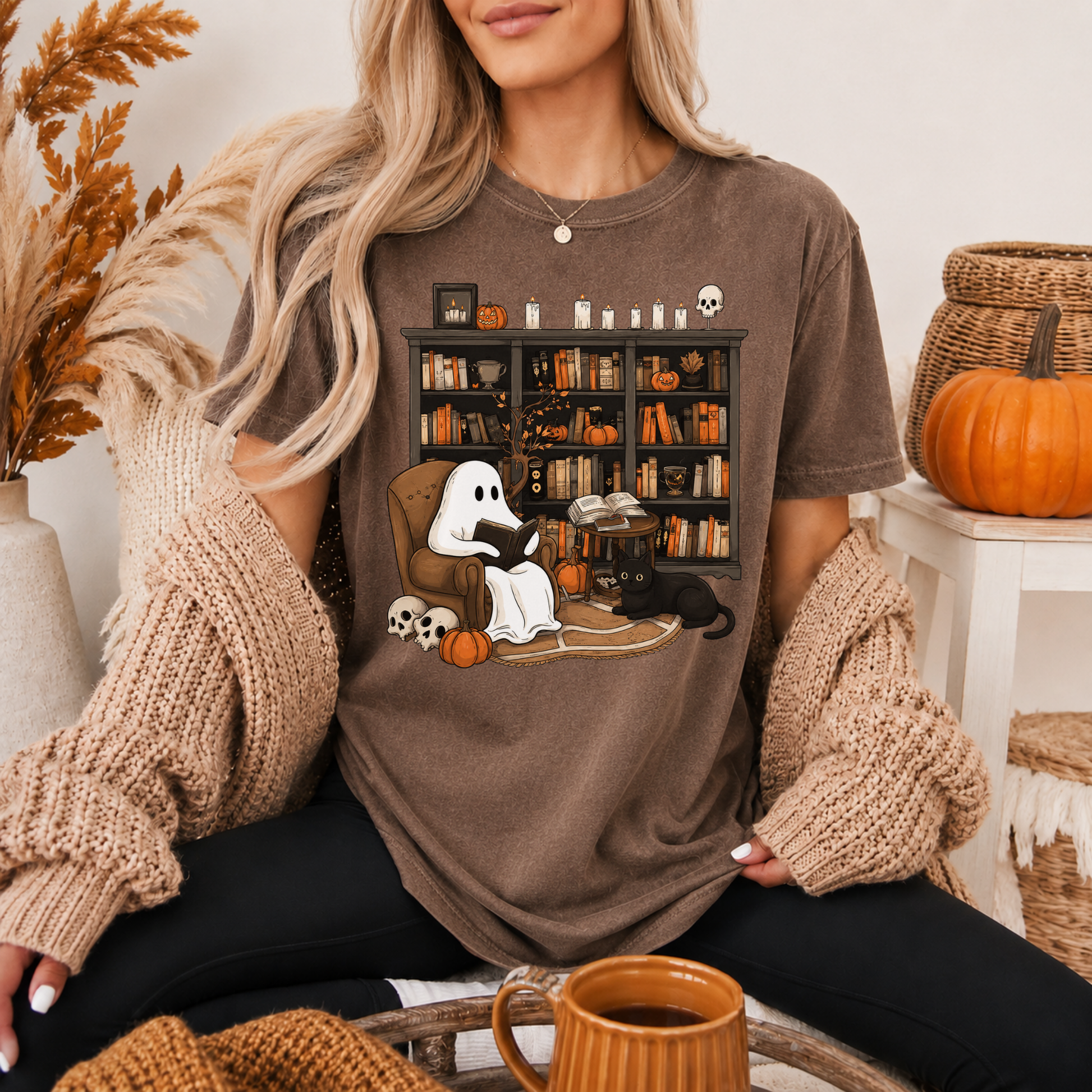 Ghost reading shirt Halloween reader tee for women