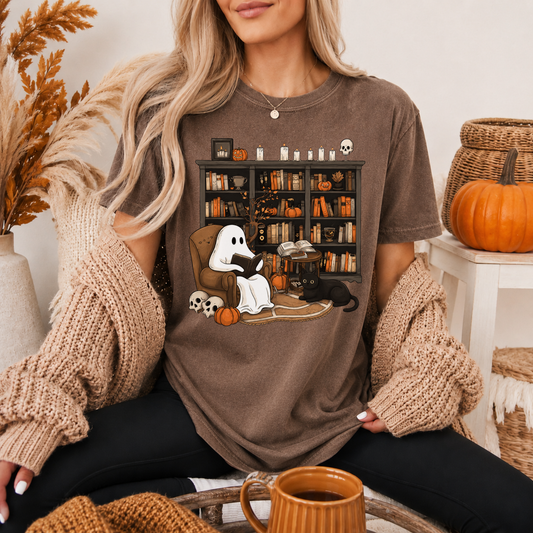 Ghost reading shirt Halloween reader tee for women