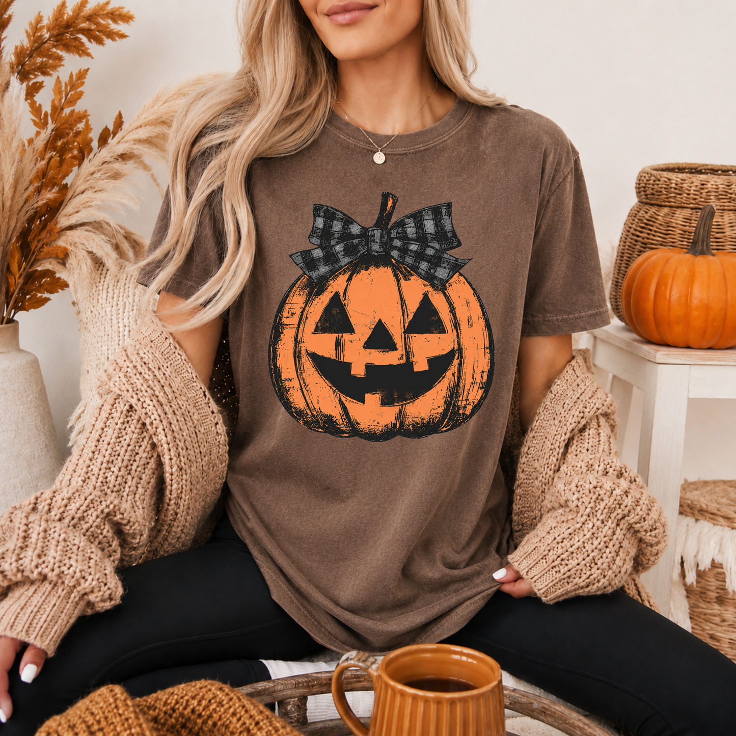 Woman wearing a brown t-shirt with a pumpkin graphic, sitting in a cozy setting with pumpkins and autumn decorations.