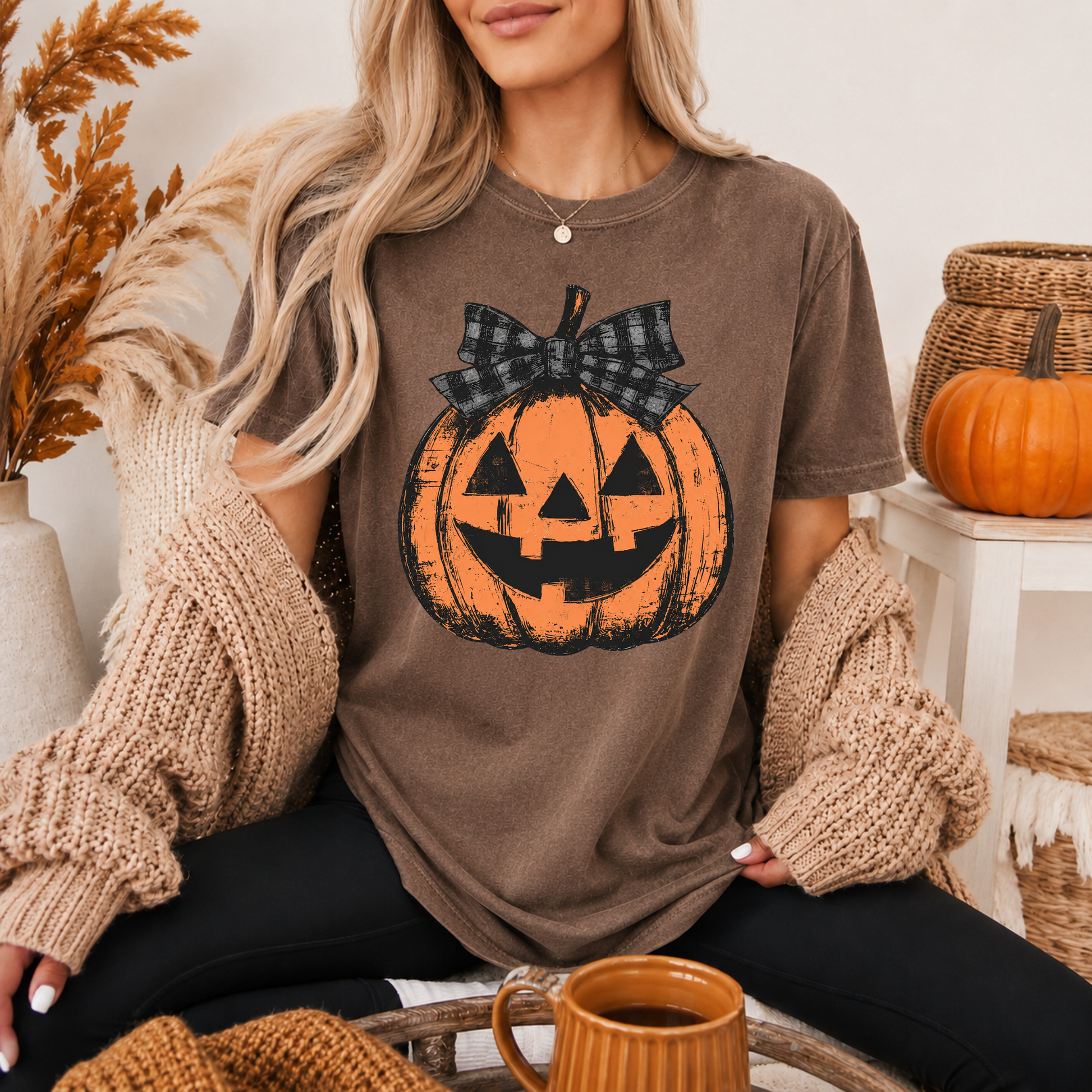 Woman wearing a brown t-shirt with a pumpkin graphic, sitting in a cozy setting with pumpkins and autumn decorations.